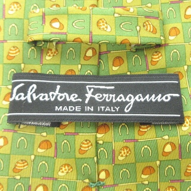 Salvatore Ferragamo(サルヴァトーレフェラガモ)のネクタイ レギュラー シルク イタリア製 総柄 馬具柄 鞭柄 乗馬帽柄 グリーン メンズのファッション小物(ネクタイ)の商品写真