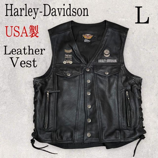 極美品 USA製 Harley-Davidson レザーベスト L ピンバッジ