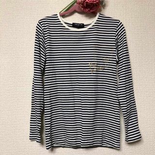 ポンポネット(pom ponette)のポンポネットジュニアミントプリントボーダー長袖TシャツM150㎝キナリ×濃紺美品(Tシャツ/カットソー)