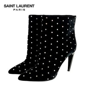 イヴサンローラン(Yves Saint Laurent)の美品 Saint Laurent ラインストーン ベロア ショート(ブーツ)