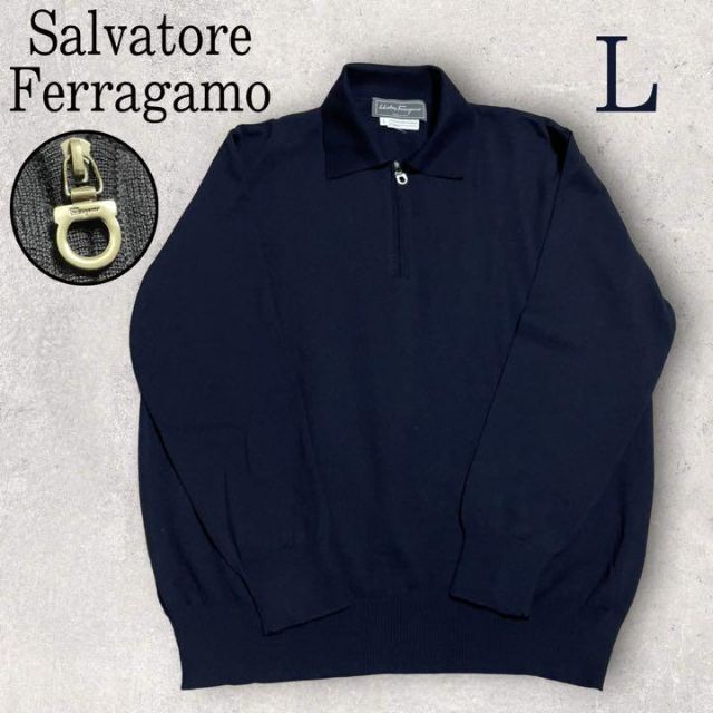 Salvatore Ferragamo(サルヴァトーレフェラガモ)の最高級 極美品 フェラガモ ハーフジップニット L ガンチーニ ハイゲージ 紺 メンズのトップス(ニット/セーター)の商品写真