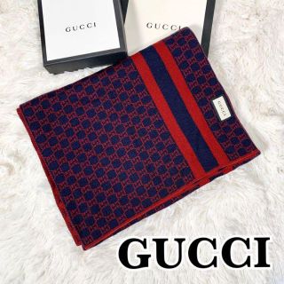 グッチ(Gucci)のグッチ GG ウェビングライン ウールマフラー レッド×ネイビー(マフラー/ショール)