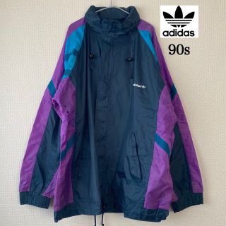 adidas 90s ナイロンジャケット ロゴプリント 紫 ネイビー 万国旗タグ