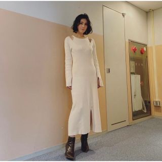 AMERICAN SLEEVE LAYERED KNIT DRESS S 白