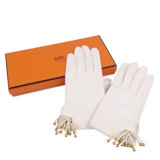 エルメス(Hermes)のエルメス HERMES 手袋 グローブ フリンジ ラムレザー レディース フランス製 8 ホワイト(手袋)