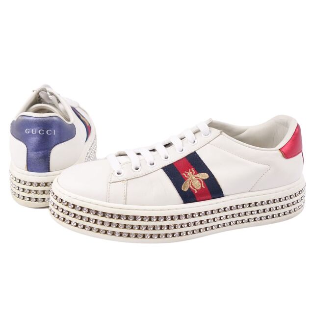 グッチ GUCCI スニーカー エース シェリーライン ビー刺繍 カーフレザー ラインストーン シューズ レディース 38(25cm相当) ホワイト/ネイビー/レッド | フリマアプリ ラクマ