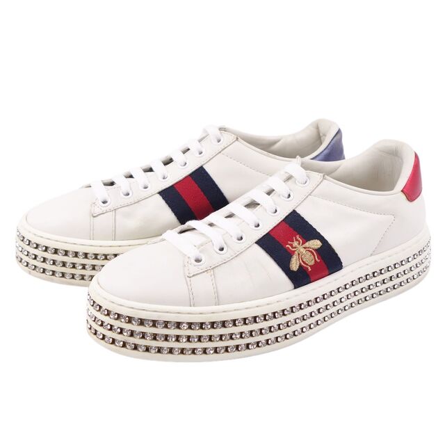 グッチ GUCCI スニーカー エース シェリーライン ビー刺繍 カーフレザー ラインストーン シューズ レディース 38(25cm相当) ホワイト/ネイビー/レッド