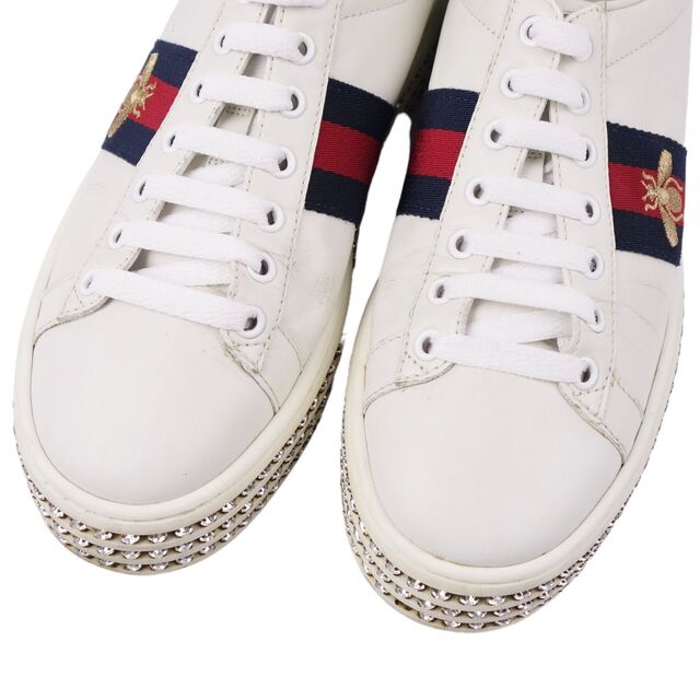 グッチ GUCCI スニーカー エース シェリーライン ビー刺繍 カーフレザー ラインストーン シューズ レディース 38(25cm相当) ホワイト/ネイビー/レッド