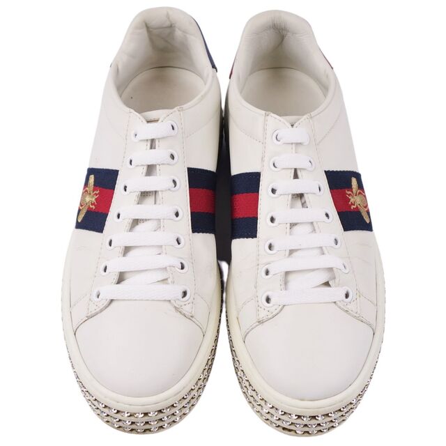 グッチ GUCCI スニーカー エース シェリーライン ビー刺繍 カーフレザー ラインストーン シューズ レディース 38(25cm相当) ホワイト/ネイビー/レッド