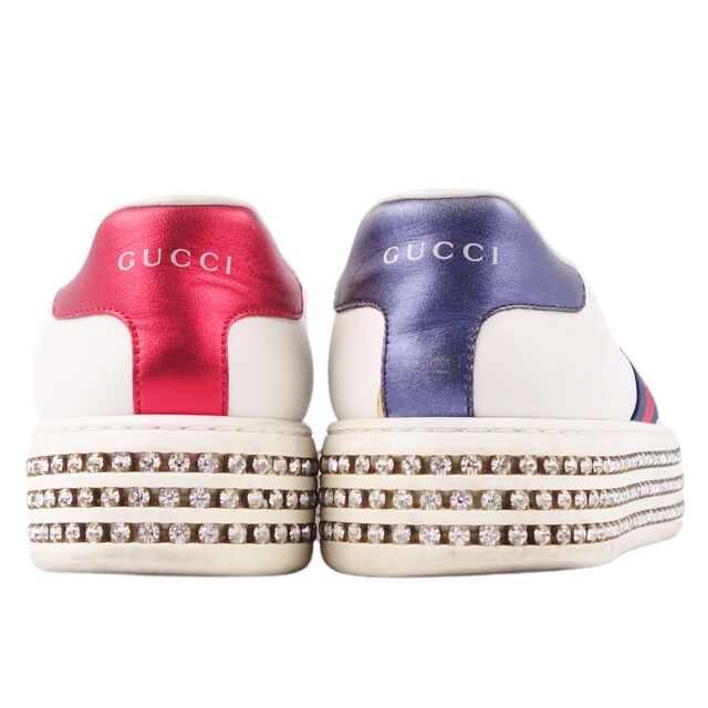 グッチ GUCCI スニーカー エース シェリーライン ビー刺繍 カーフレザー ラインストーン シューズ レディース 38(25cm相当) ホワイト/ネイビー/レッド