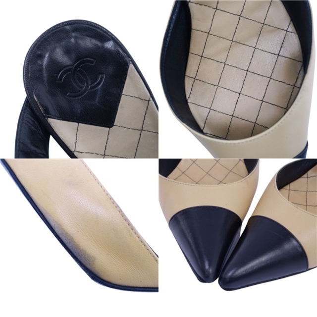 カラーベージュブラックシャネル CHANEL パンプス バイカラー ストラップ ラムレザー ヒール シューズ 靴 レディース 37C(24cm相当) ベージュ/ブラック