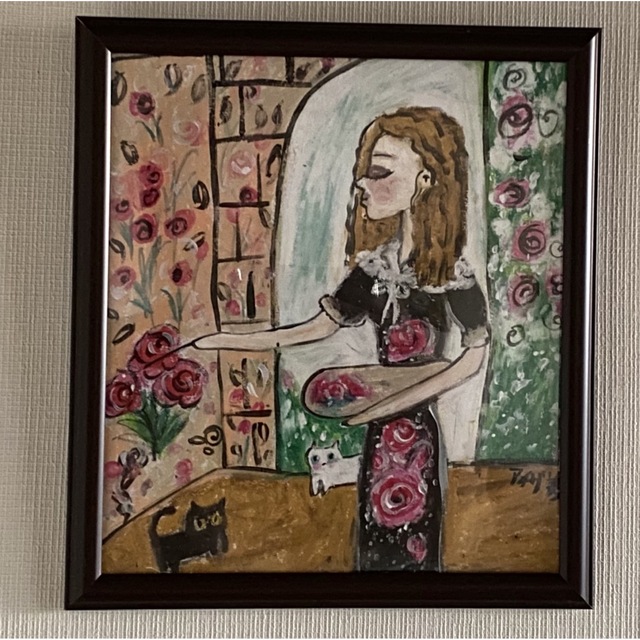 絵画 壁掛け絵【バラの庭で絵を描いている少女と遊んでいるかわいい猫2
