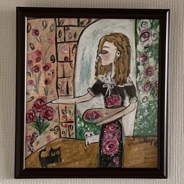 絵画 壁掛け絵【バラの庭で絵を描いている少女と遊んでいるかわいい猫2匹】黒猫