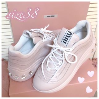 履き心地◎ miumiu ミュウミュウ レザー スニーカー 厚底 クリスタル