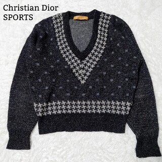 クリスチャンディオール(Christian Dior)のクリスチャンディオール Vネック ニット セーター M ロゴ ドット柄 ブラック(ニット/セーター)