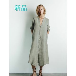 ザラ(ZARA)の新品タグ付！ZARA ザラ＊リネンチュニックワンピース　S  カーキ(ロングワンピース/マキシワンピース)