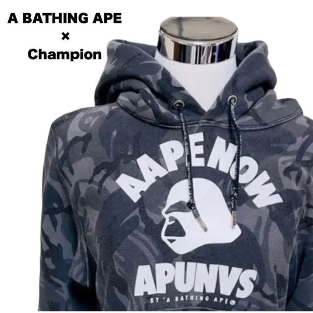 A BATHING APE(アベイシングエイプ)のアベイシングエイプ チャンピオン コラボパーカー デカロゴ ダブルネーム 総柄 レディースのトップス(パーカー)の商品写真