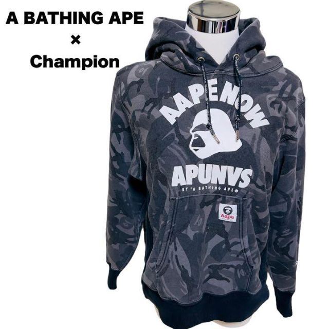 A BATHING APE(アベイシングエイプ)のアベイシングエイプ チャンピオン コラボパーカー デカロゴ ダブルネーム 総柄 レディースのトップス(パーカー)の商品写真