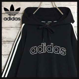 アディダス(adidas)の【美品】アディダス☆センターデカロゴパーカー　裏起毛　薄手　黒　袖ライン　H48(パーカー)