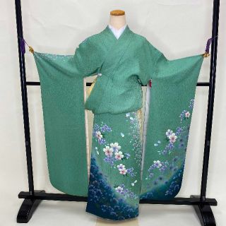 振袖☆正絹☆エメラルドグリーン☆花☆成人式☆ステージ衣装☆裄66