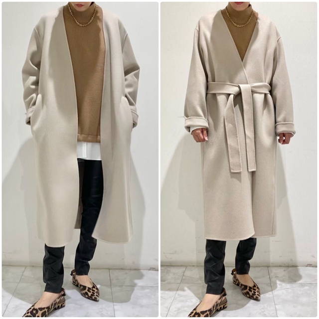 theory 21AW カシミヤ混ノーカラーロングコート　ベージュ　P