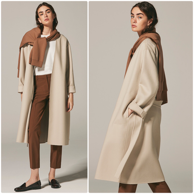 theory 21AW カシミヤ混ノーカラーロングコート ベージュ P-