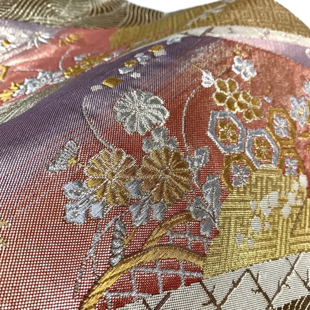正絹　袋帯(ゴールド地に扇面　四季の花々　六通)　豪華