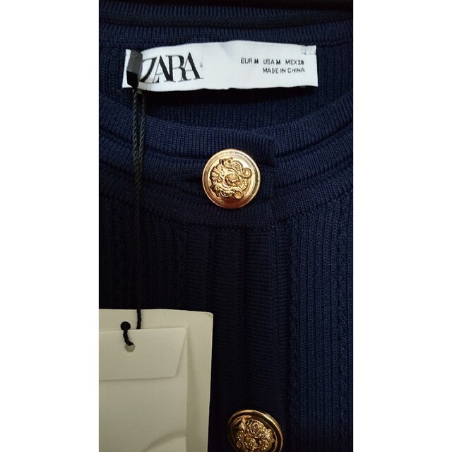 新品　ZARA　ゴールドボタン　ニット　カーディガン　ネイビー