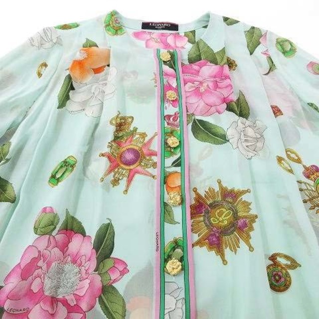 レオナール FASHION シルク ジャケット シフォン 金ボタン 花柄 M 緑 - 2