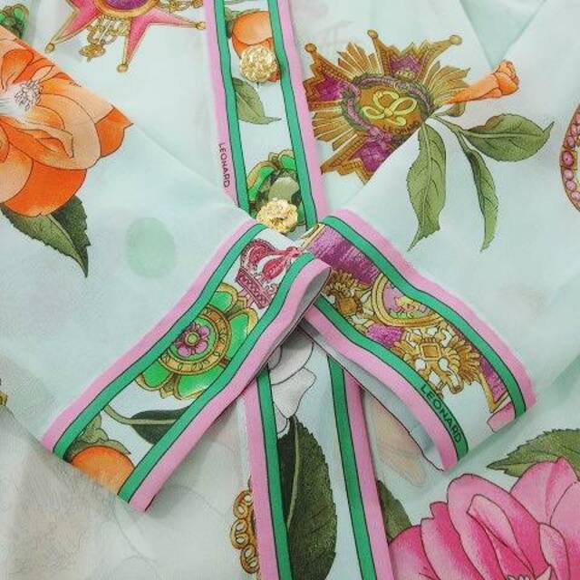 レオナール FASHION シルク ジャケット シフォン 金ボタン 花柄 M 緑 - 3