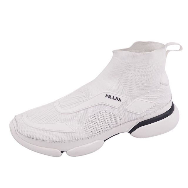 プラダ PRADA シューズ ソックススニーカー メンズ ハイカット ロゴ ニットジャージー ラバー 靴 7.5(27.5cm相当) ホワイト