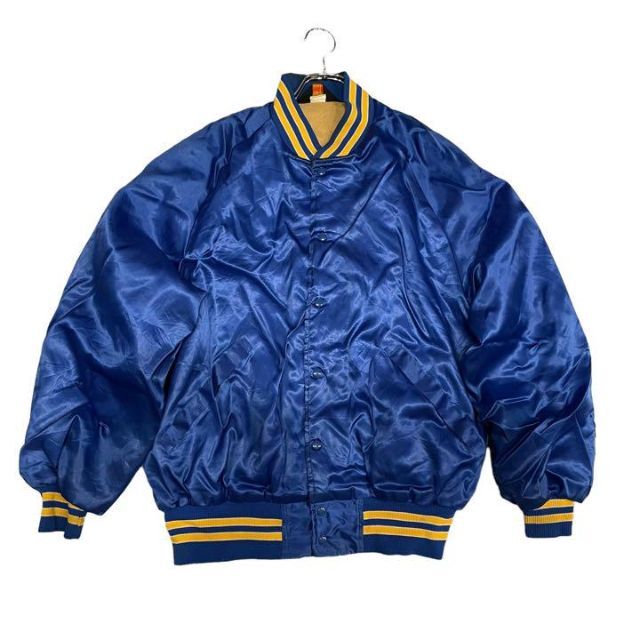 一点物　USA製　90s スタジャン　ナイロンジャケット　無地　青　XL 古着 メンズのジャケット/アウター(スタジャン)の商品写真