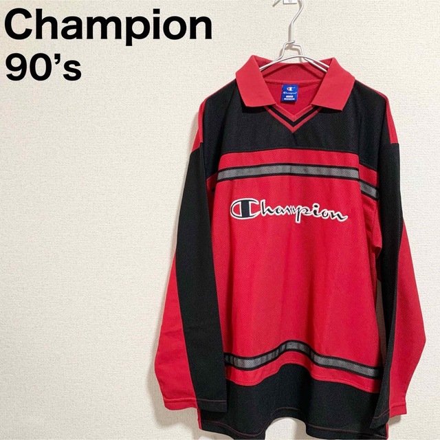 Champion(チャンピオン)の90s チャンピオン ゲームシャツ 長袖 赤 黒 ビッグロゴ 刺繍ロゴ 青タグ メンズのトップス(Tシャツ/カットソー(七分/長袖))の商品写真