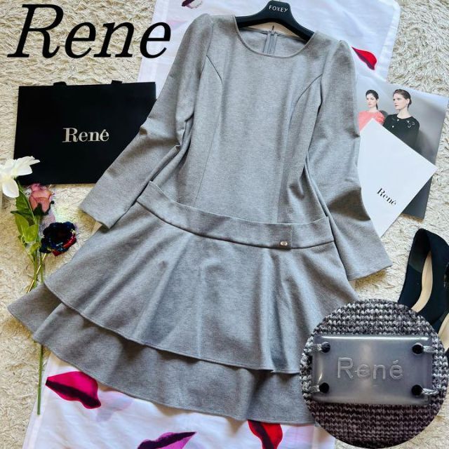美品】Rene 膝丈フレアワンピース ティアード グレー 34 フレア フリル