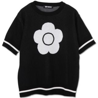 マリークワント(MARY QUANT)のマリークワント　デイジージャガード  半袖ニット　プルオーバー  黒(ニット/セーター)