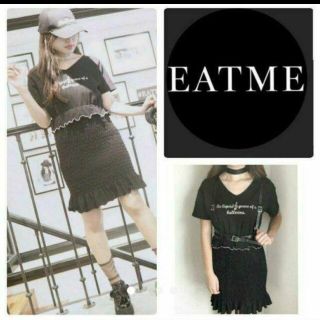 イートミー(EATME)の♡EATME　半袖ブラックミニワンピースタイトシャーリング黒フリル白Vロゴ春夏(ミニワンピース)