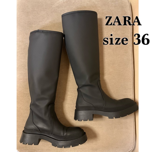 ZARA ザラ ラバーフラットブーツ 36 ロングブーツ 厚底 黒