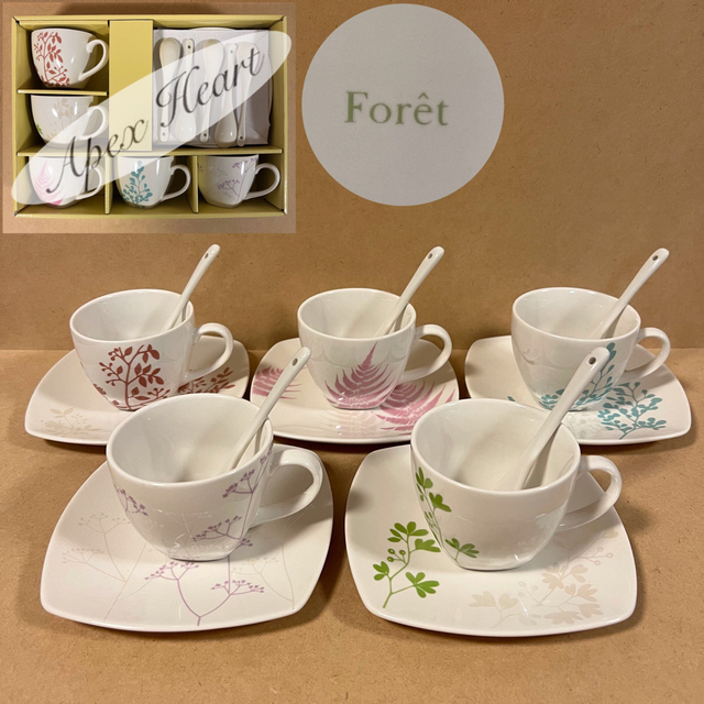 未使用 アペックスハート FORET カップ&ソーサー 5客 スプーン付 エンタメ/ホビーの美術品/アンティーク(陶芸)の商品写真