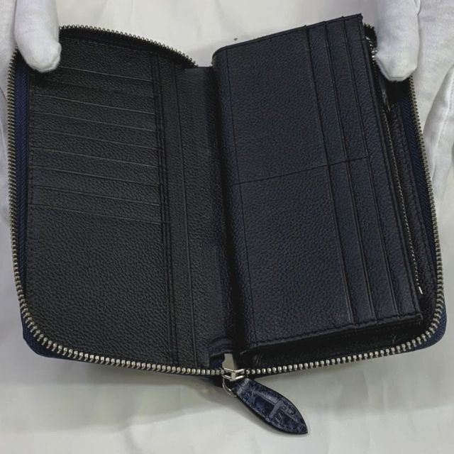 長財布 メンズ 牛革 クロコダイル 型押し 本革 ラウンドファスナー ブルー