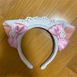 猫耳　メイド　カチューシャ　白猫　ピンク　リボン(カチューシャ)