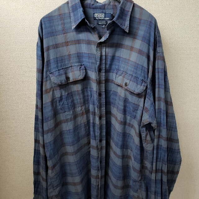 トップスポロラルフローレン　チェックシャツ　ブルー　XL