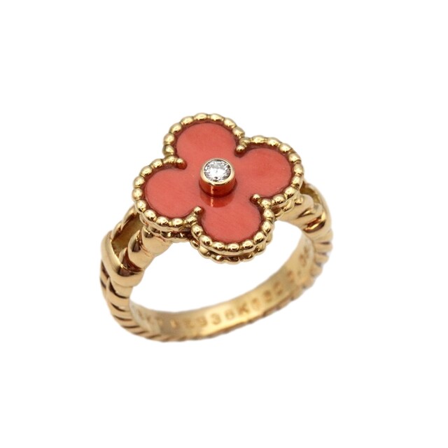 Van Cleef & Arpels - 美品 ヴァンクリーフ＆アーペル ヴィンテージ アルハンブラ リング 約11.5号 ダイヤモンド 0.06ct サンゴ 18KT イエローゴールド レディース 指輪 コーラル Van Cleef & Arpels