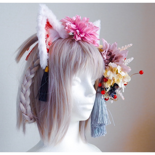 創作 コスプレ 中華 猫耳 けもみみ 造花 髪飾り オリジナル  和ロリ 華ロリ
