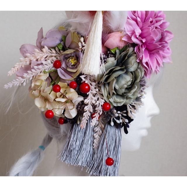 創作 コスプレ 中華 猫耳 けもみみ 造花 髪飾り オリジナル  和ロリ 華ロリ