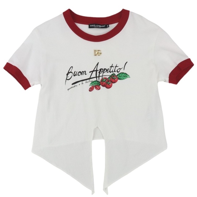 DOLCE&GABBANA(ドルチェアンドガッバーナ)の美品 ドルチェアンドガッバーナ Buon Appetito ノットデザイン 半袖Ｔシャツ レディース 白×赤 38 DG金具 カットソー DOLCE&GABBANA レディースのトップス(Tシャツ(半袖/袖なし))の商品写真