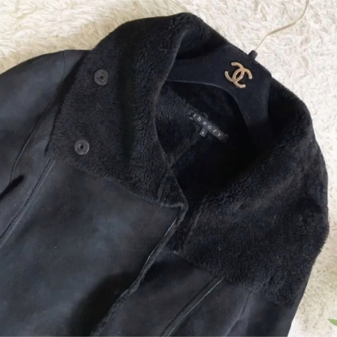 theory】 セオリー 羊革 ラムレザー リアルムートンロングコート 黒