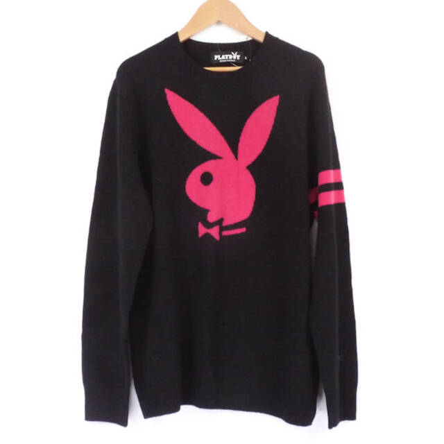 美品 HYSTERIC GLAMOUR×PLAYBOY ヒステリックグラマー×プレイボーイ 1234NS01 クルーネックセーター ブラック L カシミヤ100% 長袖 薄手 コラボ プルオーバーニット メンズ AU1170A58