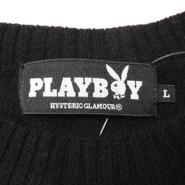 美品 HYSTERIC GLAMOUR×PLAYBOY ヒステリックグラマー×プレイボーイ 1234NS01 クルーネックセーター ブラック L カシミヤ100% 長袖 薄手 コラボ プルオーバーニット メンズ AU1170A58 2