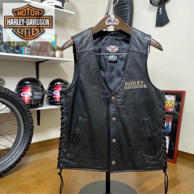 牛革裏地超美品☆Harley-Davidson レザーベスト ブラック/S（L相当