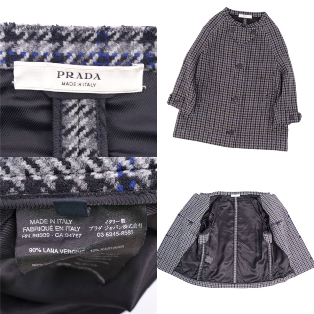 PRADA(プラダ)の美品 プラダ PRADA ジャケット ノーカラー ツイード 千鳥格子 ウール カシミヤ アウター レディース 38(S相当) グレー/ブラック/ブルー レディースのジャケット/アウター(その他)の商品写真